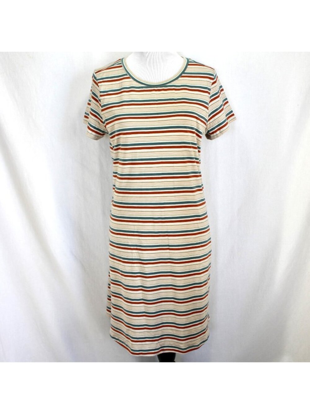Toad & Co Windmere II Short Sleeve Shirt Dress Womens Size L Tan Stripe Pockets